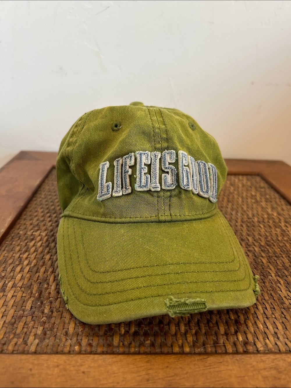 Olive Green "Life Is Good" Distressed Embroidered Baseball Cap
